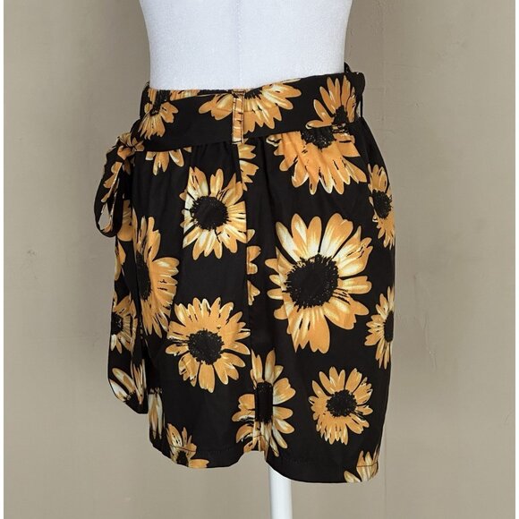 Shein Sunflower Shorts Black Gold Daisy Elastic Waist Belted Tie Front JR SZ XS - Picture 2 of 8